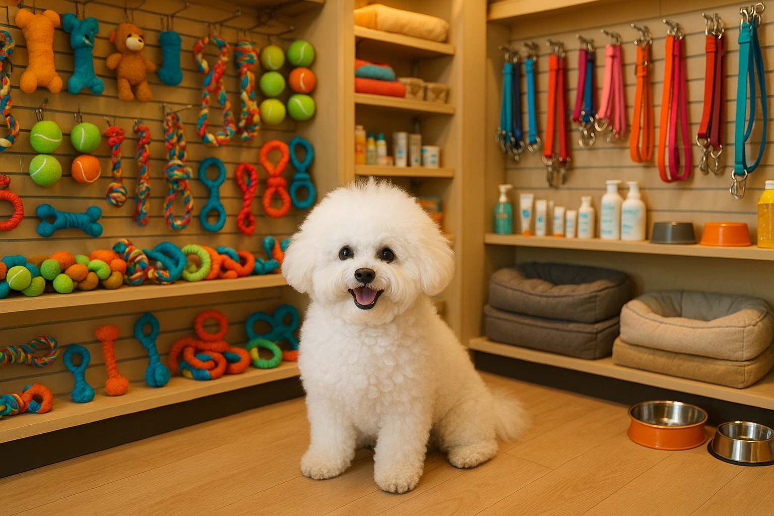 a bichone frase dog in a store with toys and accessories