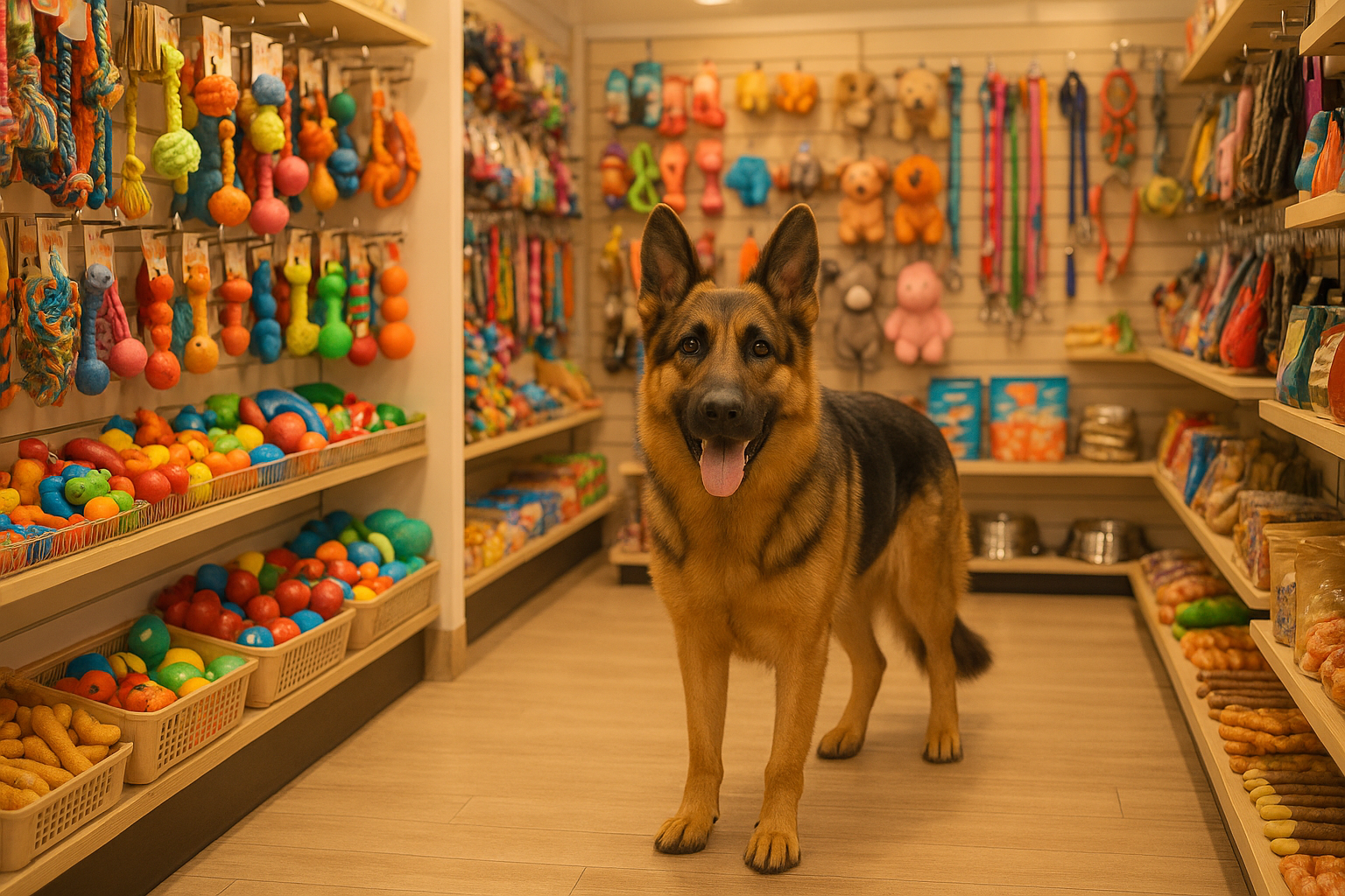a german shepherd in a store with toys and accessories